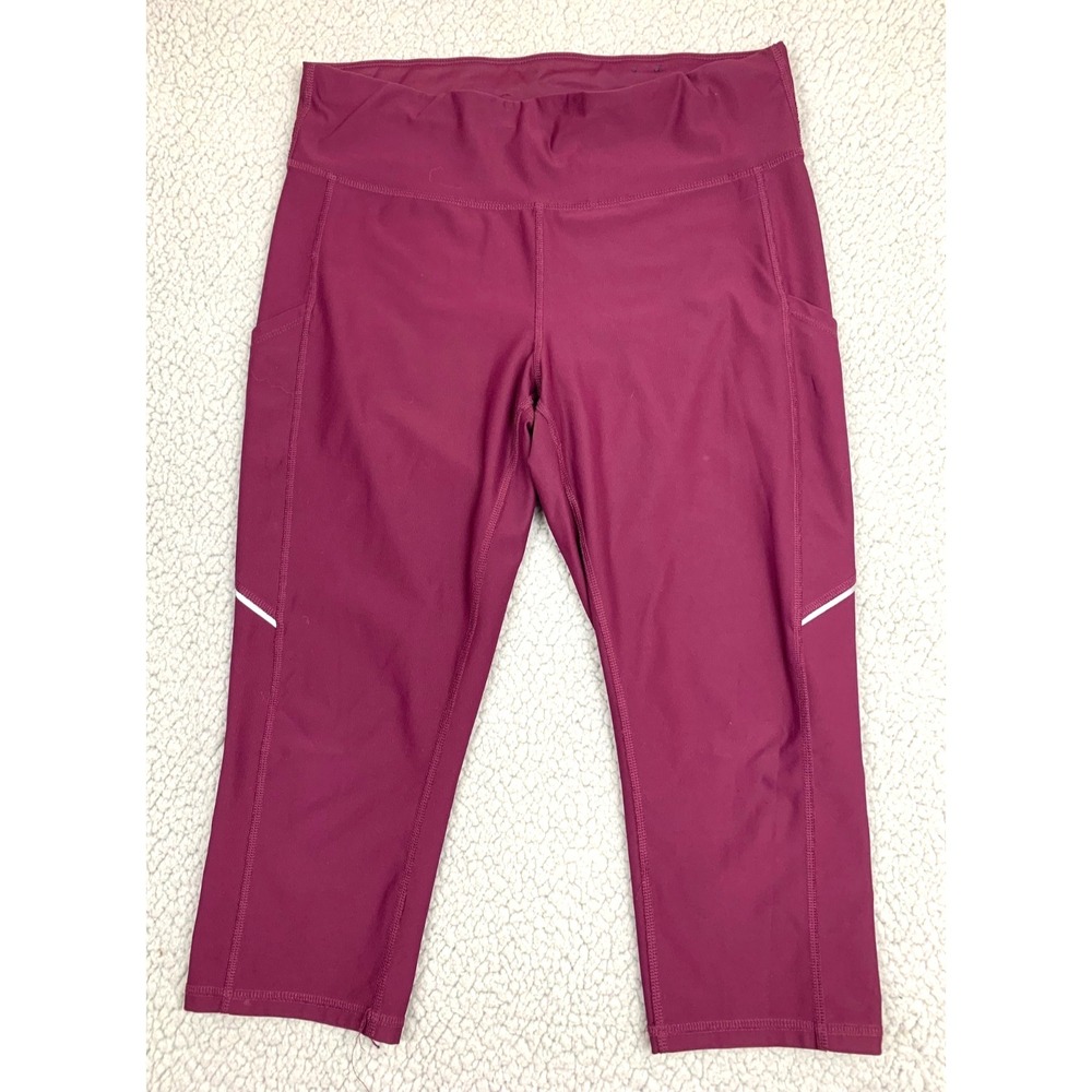 Xersion Women's Large Cropped Athletic Leggings Burgundy High Rise Pocket Capri